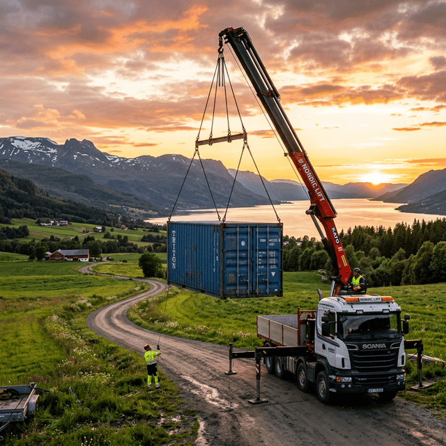 Container levert på lastebil